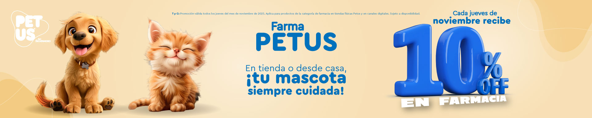 Banner promocional de Petus by Silveragro con 10% de descuento en farmacia para mascotas todos los jueves de noviembre.