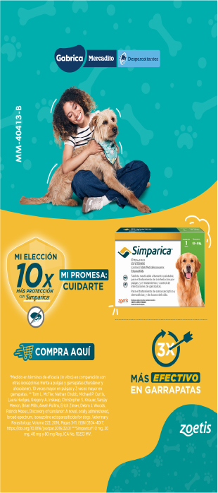 Banner promocional de Simparica en Petus by Silveragro con protección antipulgas y antigarrapatas para perros, hasta 3 veces más efectivo.