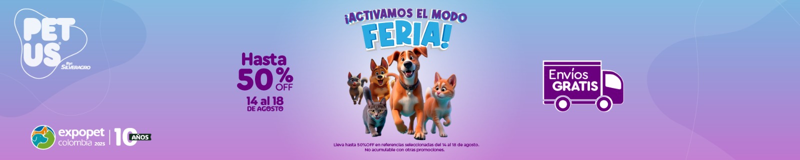 Petus en Expopet 2025 con perros y gatos animados. Anuncia hasta 50% de descuento, envíos gratis y consultorio veterinario gratuito del 14 al 18 de agosto