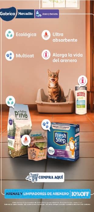 Banner de Petus by Silveragro con promoción del 10% de descuento en arenas y limpiadores de arenero para gatos. Marcas destacadas: Fresh Step, Feline Pine, Comfort Kat y Nature’s Miracle.