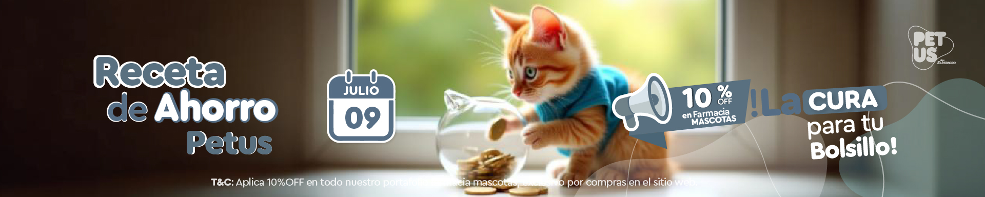 Perro y gato felices junto a una alcancía rosada, promocionando 10% de descuento en farmacia para mascotas en Petus